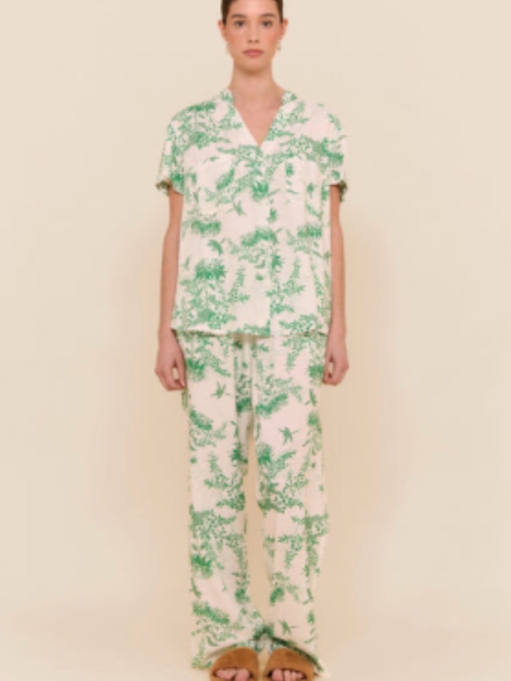 PIYAMA XS Green Botanical Pajama Set | Button-Up Top & Drawstring Pants